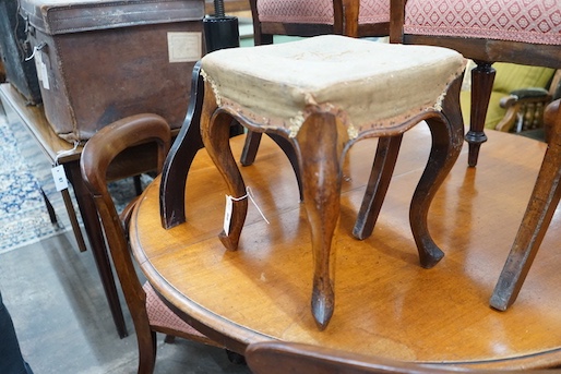 A Victorian rosewood footstool, width 32cm, height 36cm and a contemporary ebonised adjustable piano stool